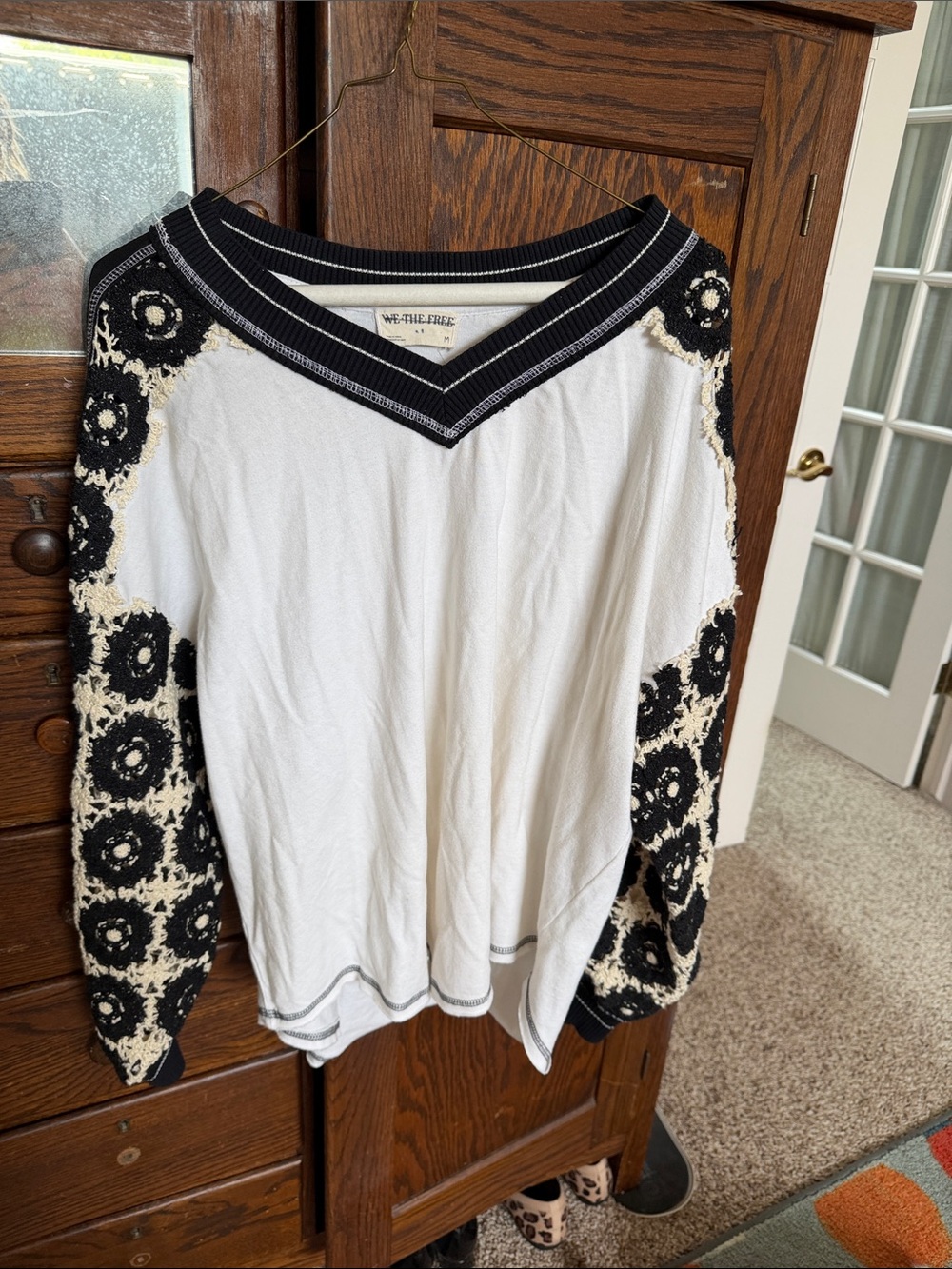 We The Free Cream & Black V-Neck Long Sleeve Crochet-Sleeve Top